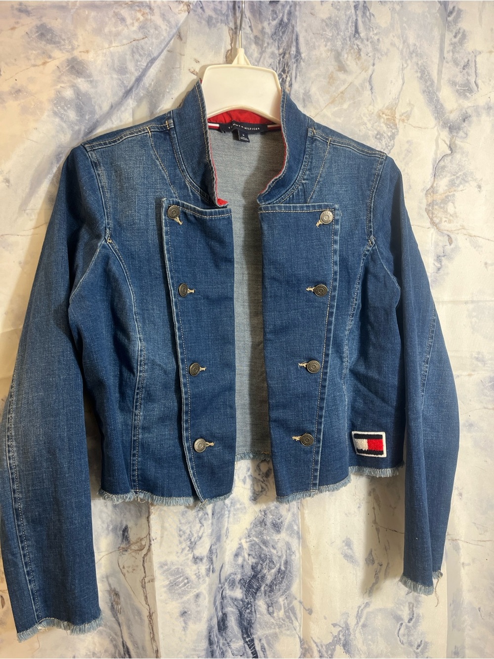 Tommy Hilfiger Denim Military-Style Cropped Jacket in Blue with Red Trim - Picture 5 of 5